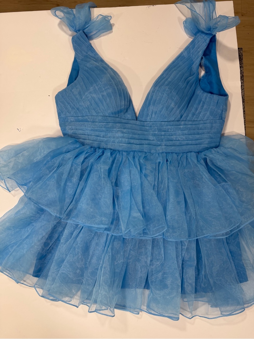 Blue Tie-Shoulder Ruffled V-Neck Mini Dress - Picture 9 of 12